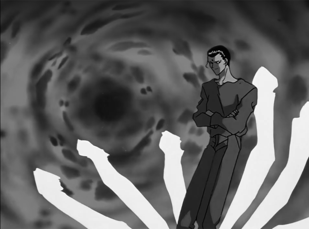 Sensui standing before a vortex, arms crossed